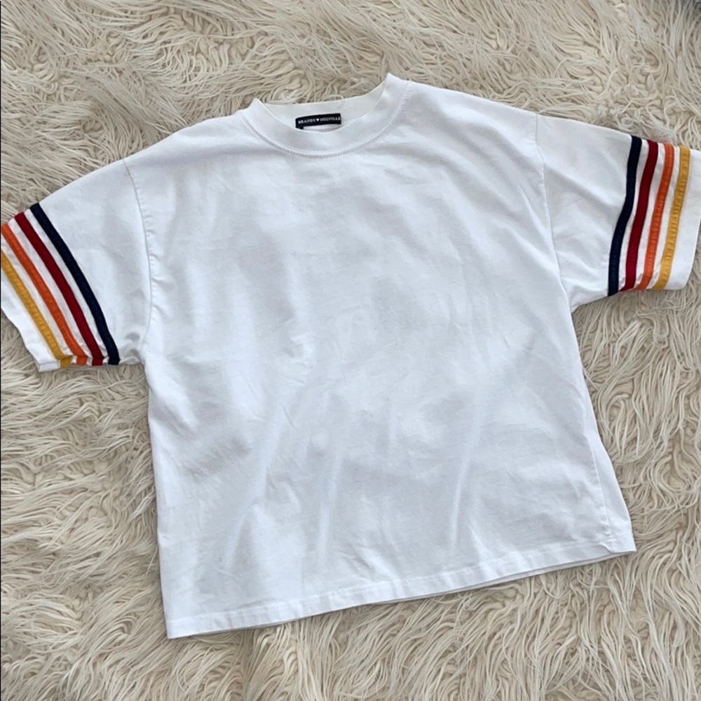 Brandy Melville Tee White Striped Sleeve